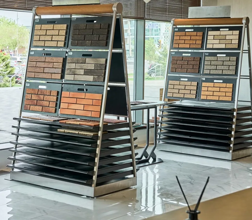 A stand with samples and a tile layout
